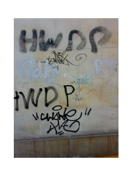 Widok elewacji z piaskowca pokrytej napisami i graffit